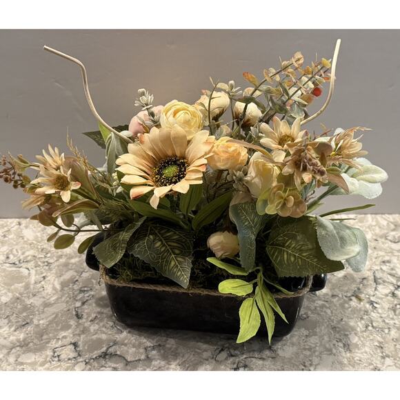 Spring Silk Floral Arrangement Black Ceramic Vase Nautical Decor - Picture 5 of 7